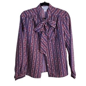 Cape Cod Match Vintage Red White Blue Floral 70's Bow Blouse Size 12